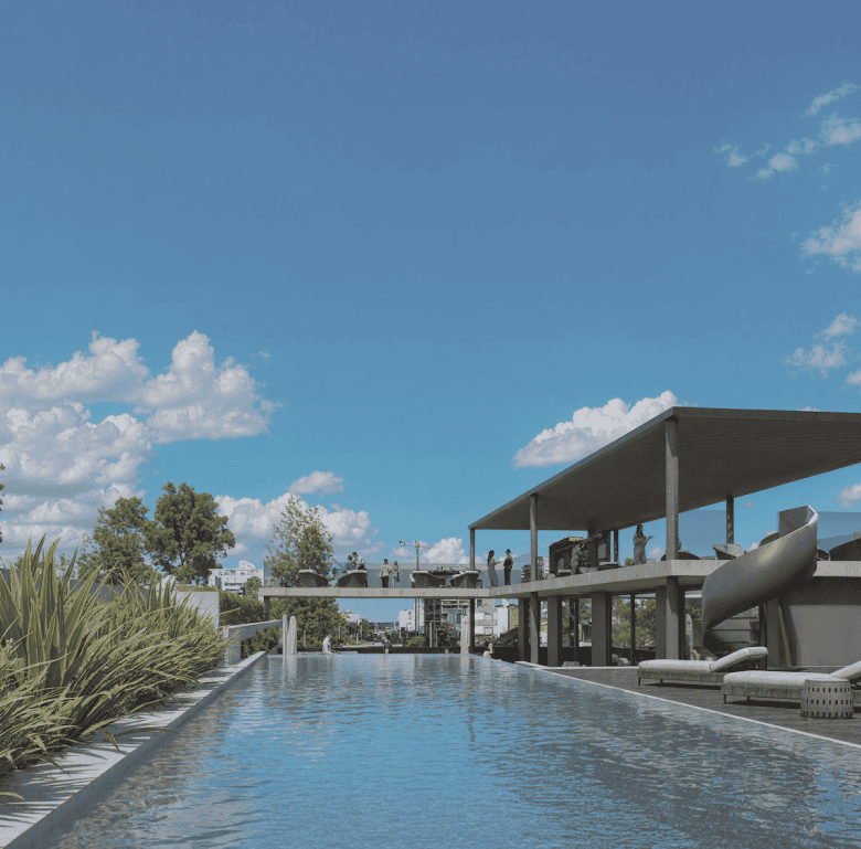 Luxury pool with modern design at Manglar Umbra, Punta del Este, Uruguay, under a clear blue sky.