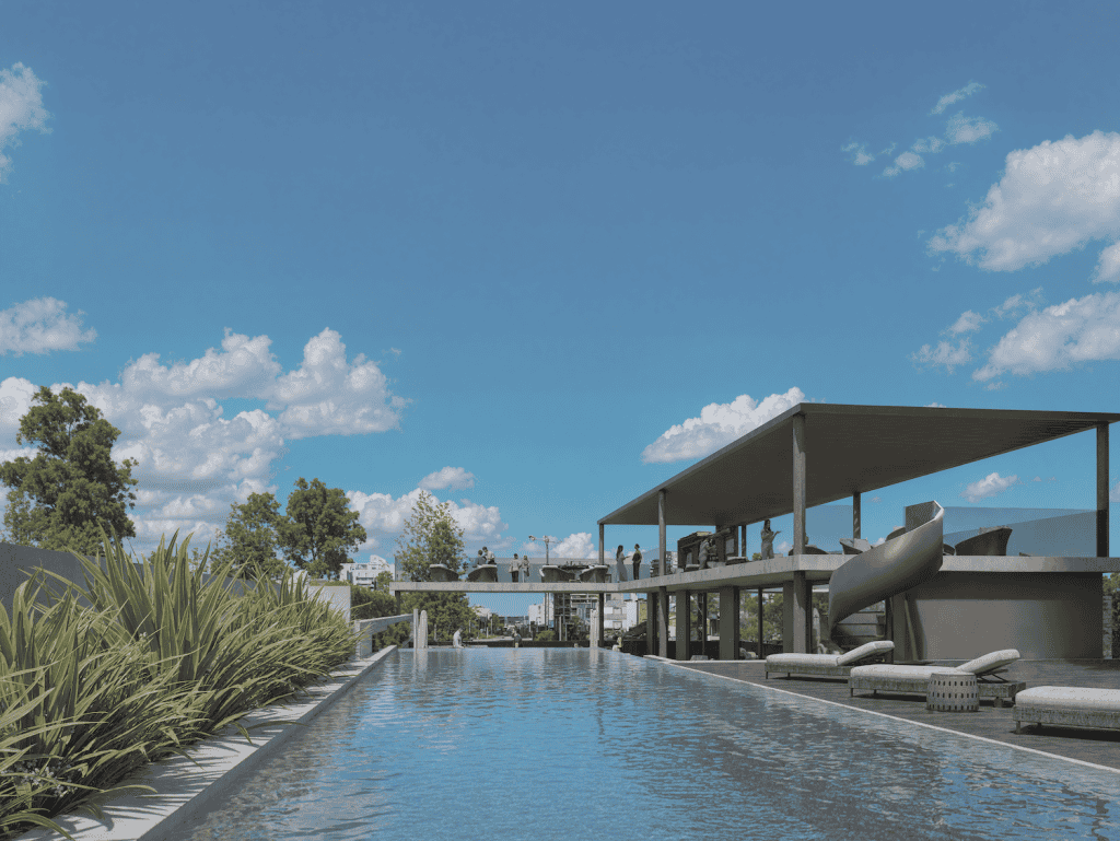Luxury pool at Manglar Umbra in Punta del Este, Uruguay Luxury pool with modern design at Manglar Umbra, Punta del Este, Uruguay, under a clear blue sky.