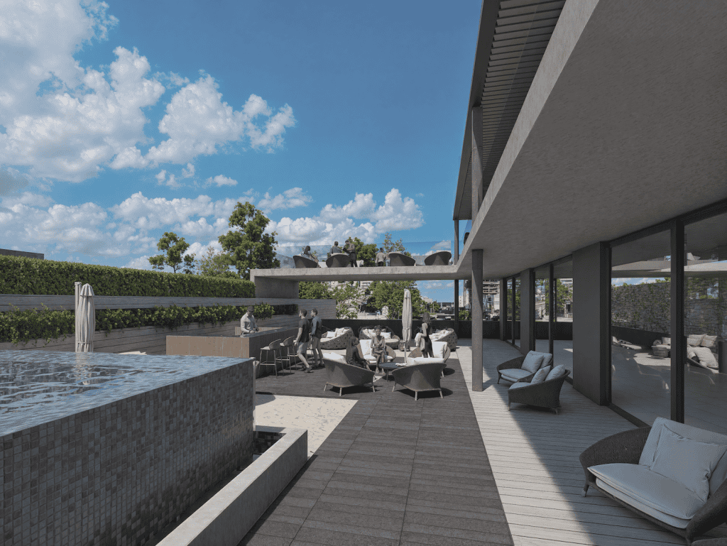 Modern outdoor lounge area at Manglar Umbra, Punta del Este, Uruguay. Luxurious outdoor seating with pool and scenic views in Punta del Este.