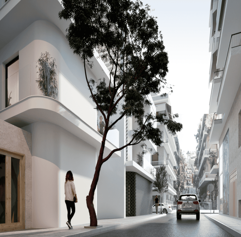 Modern residential buildings in Pagkrati, Athens, Greece, with trees and pedestrians on a sunny stre.