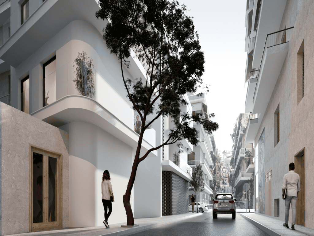 Modern residential buildings in Pagkrati, Athens, Greece, with trees and pedestrians on a sunny stre.