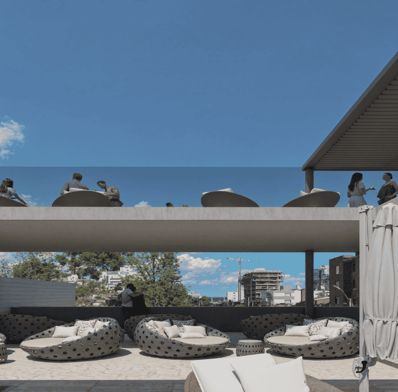Rooftop lounge at Manglar Umbra in Punta del Este, Uruguay, with modern seating and scenic views.