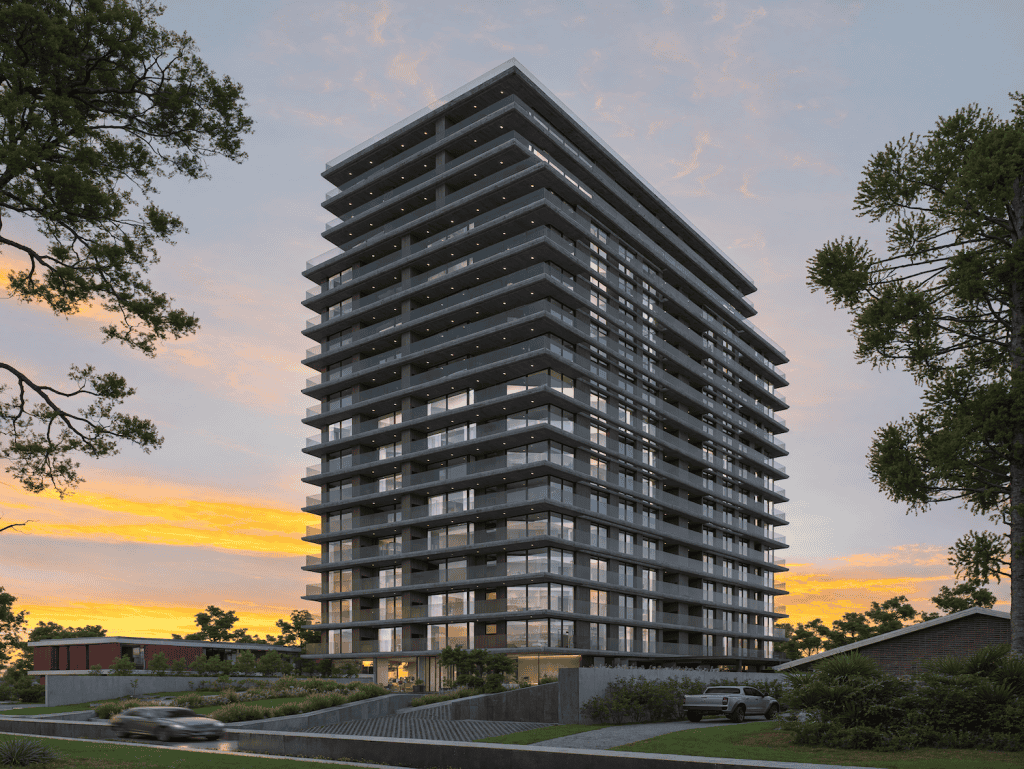 Modern Punta del Este Apartment Building Contemporary high-rise apartment building in Punta del Este, Uruguay at sunset.
