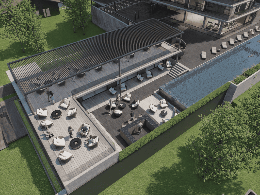Modern outdoor pool and lounge area at Manglar Umbra, Punta del Este, Uruguay. Outdoor pool and lounge area at Manglar Umbra, Punta del Este, Uruguay.
