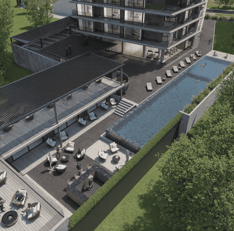 Elegant pool area with modern lounge chairs and shaded seating in Punta del Este, Uruguay.