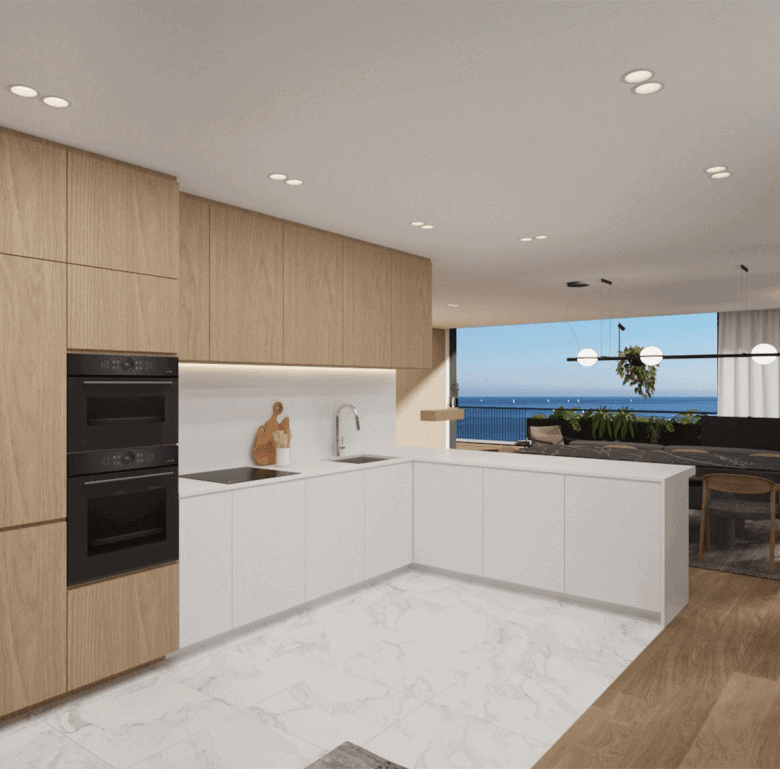 Modern kitchen with sea view in Porto, Portugal.