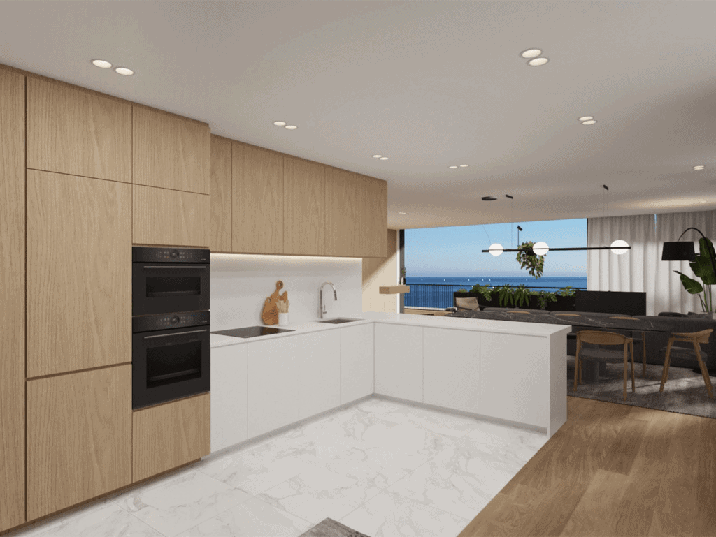 Modern kitchen with sea view in Porto, Portugal.