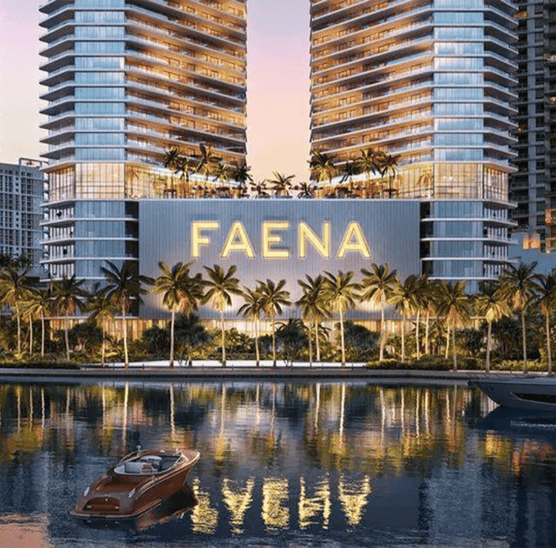Modern Faena Residences in Miami with waterfront views and tropical landscaping.