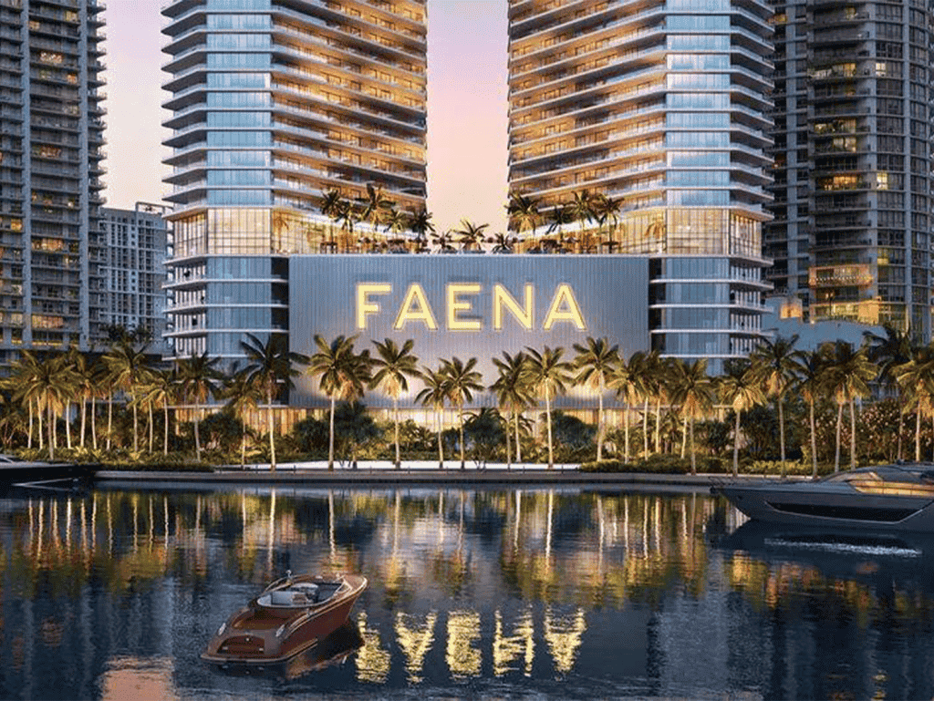Faena Residences Miami Skyline Modern Faena Residences in Miami with waterfront views and tropical landscaping.