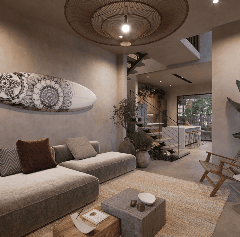 Stylish interior of a Costa Rican home with contemporary furniture and cozy ambiance.