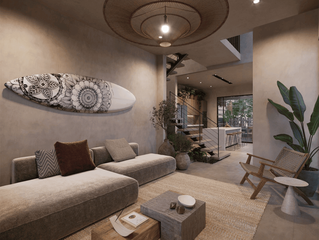 Stylish interior of a Costa Rican home with contemporary furniture and cozy ambiance.