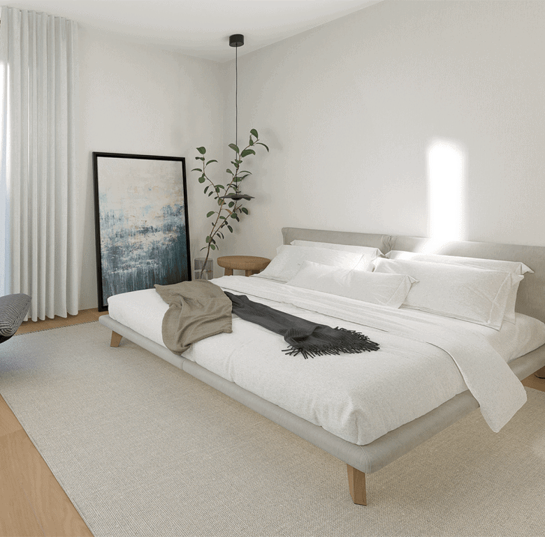 Modern bedroom in heritage property in Coimbra, Portugal.