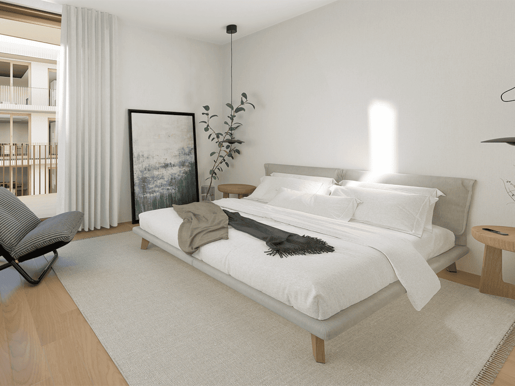 Modern bedroom in heritage property in Coimbra, Portugal.