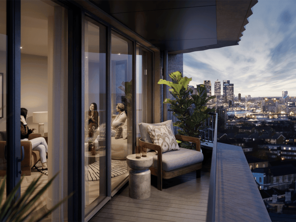 Modern apartment balcony overlooking London skyline at Woolwich Tower.