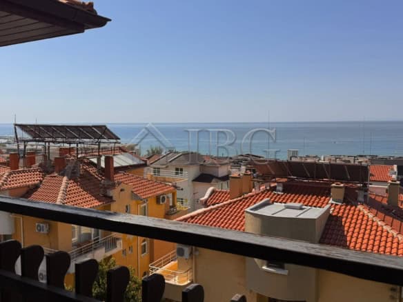 Sea view from a balcony overlooking Sveti Vlas rooftops and the Black Sea.