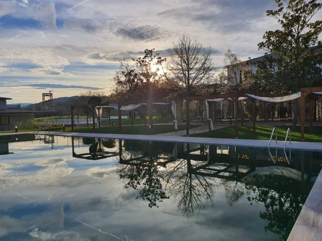 Luxury Finca Vivaldi Hotel in Leon Spain Beautiful view of the Vivaldi Hotel pool and surrounding landscape in Leon, Spain.