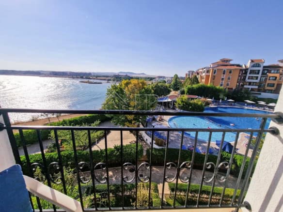 Sea view apartment overlooking marina and pool area in Aheloy Beachfront Complex.