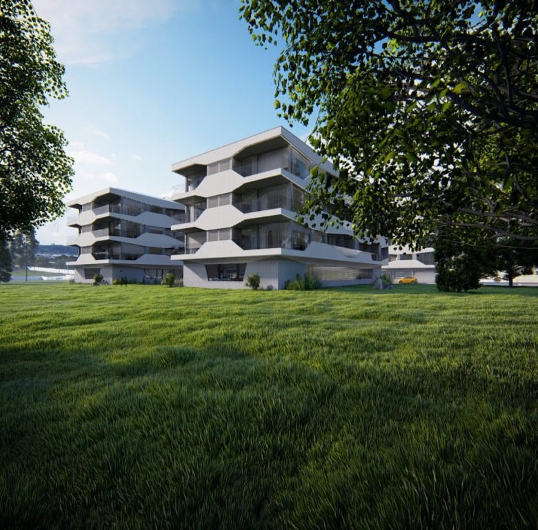 Contemporary apartment building in Viana do Castelo, Portugal with lush green surroundings.