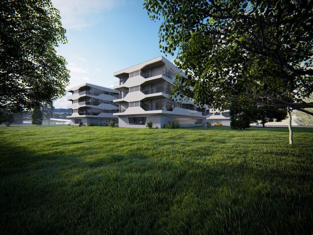 Contemporary apartment building in Viana do Castelo, Portugal with lush green surroundings.