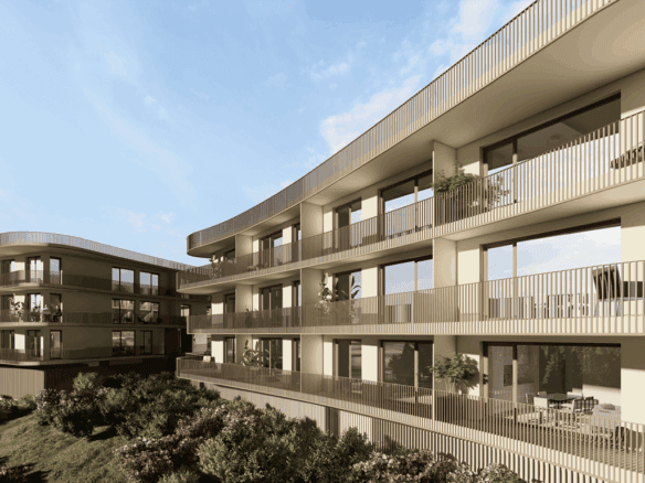 Heritage - Coimbra, Portugal: Contemporary apartment complex with spacious balconies and lush garden.
