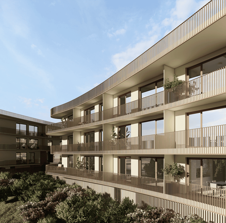 Heritage - Coimbra, Portugal: Contemporary apartment complex with spacious balconies and lush garden.