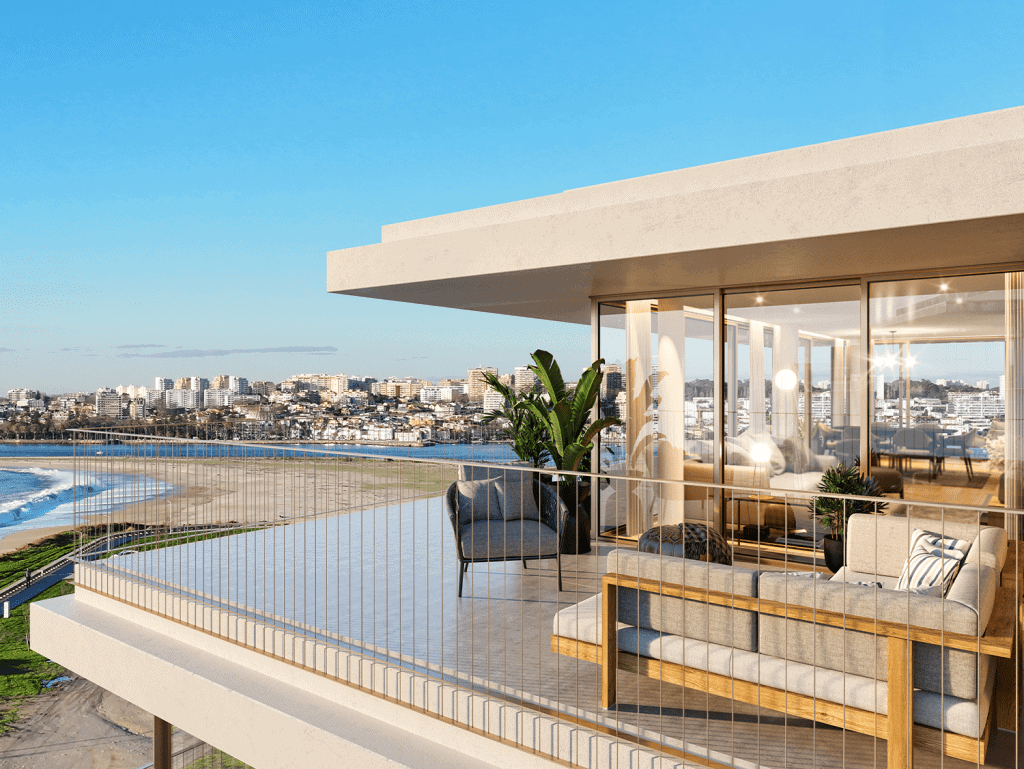 Balcony view of Douro Atlantico in Porto, Portugal, with modern outdoor furniture and cityscape back.