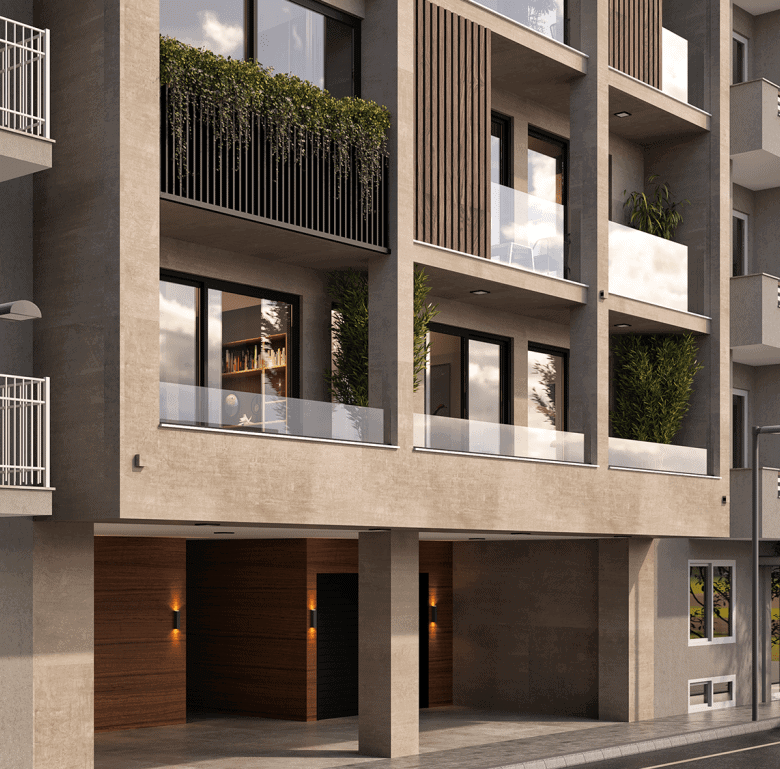 Apartment building in Koukaki, Athens with modern design, balconies, and lush greenery accents.