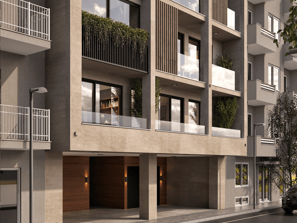 Apartment building in Koukaki, Athens with modern design, balconies, and lush greenery accents.