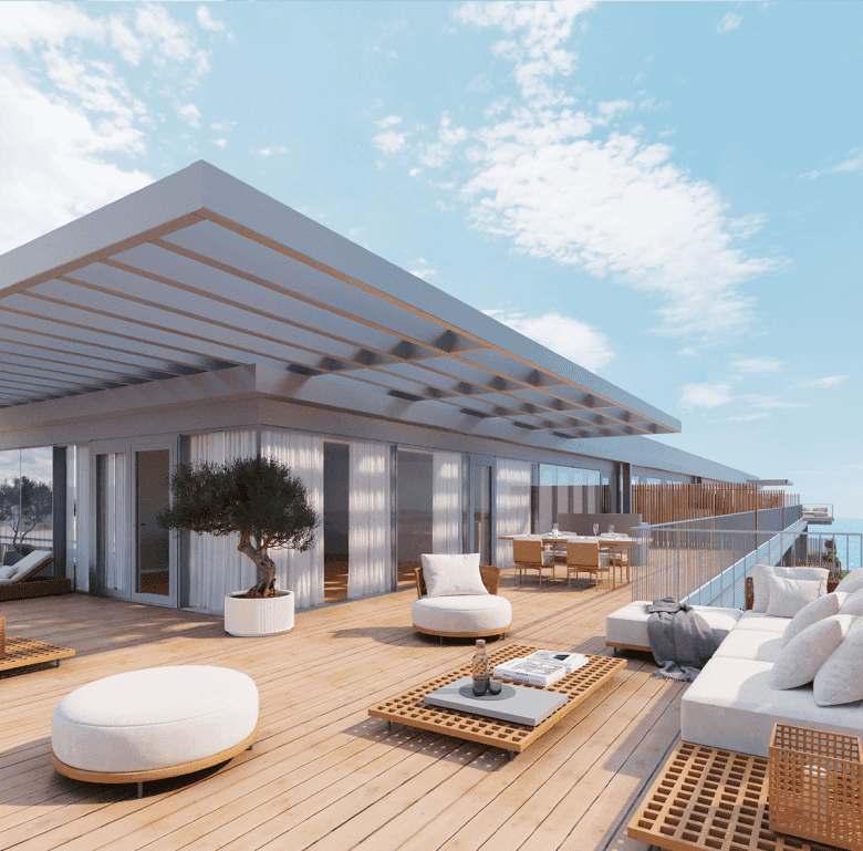 Luxurious Porto apartment terrace with sea views and modern outdoor furniture.