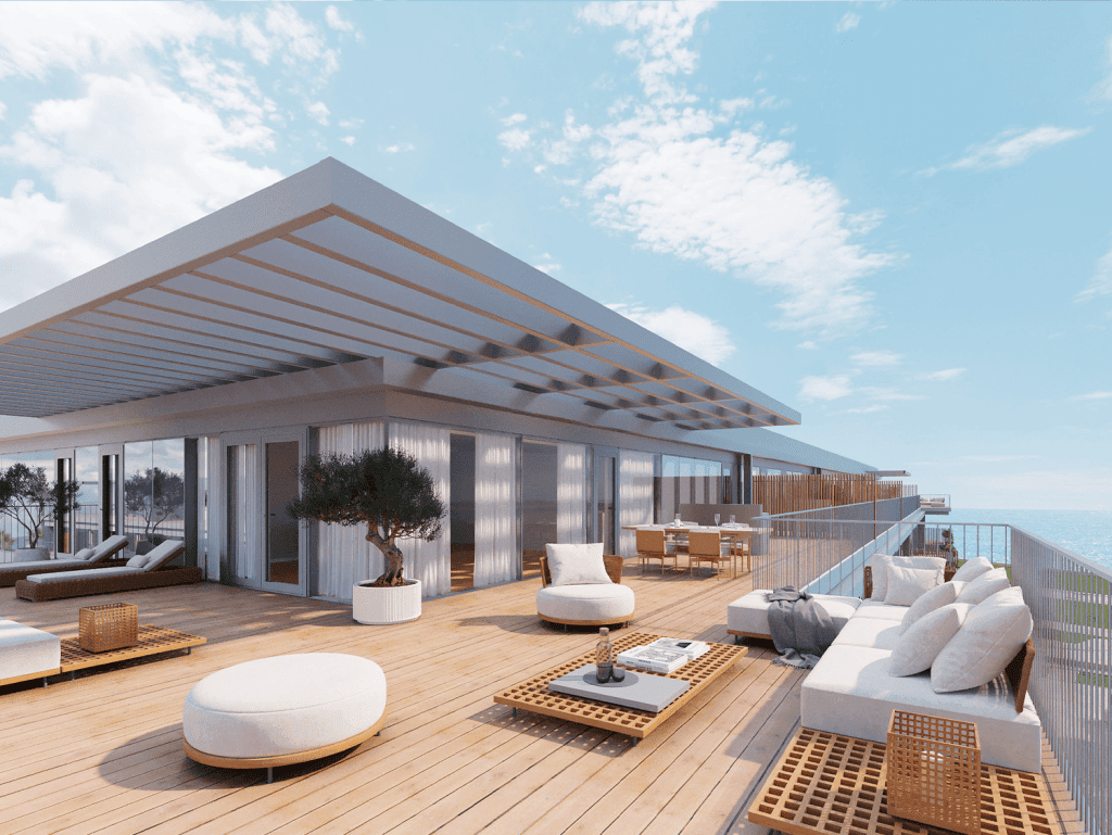 Luxurious Porto apartment terrace with sea views and modern outdoor furniture.