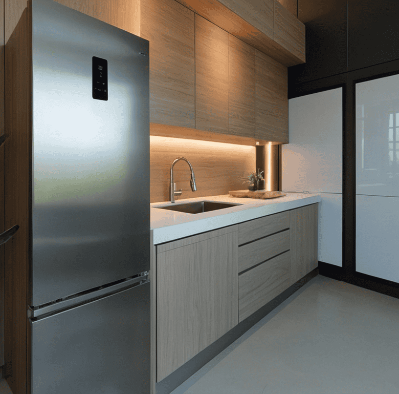 Contemporary kitchen with sleek cabinetry, stainless steel appliances, and minimalist design.