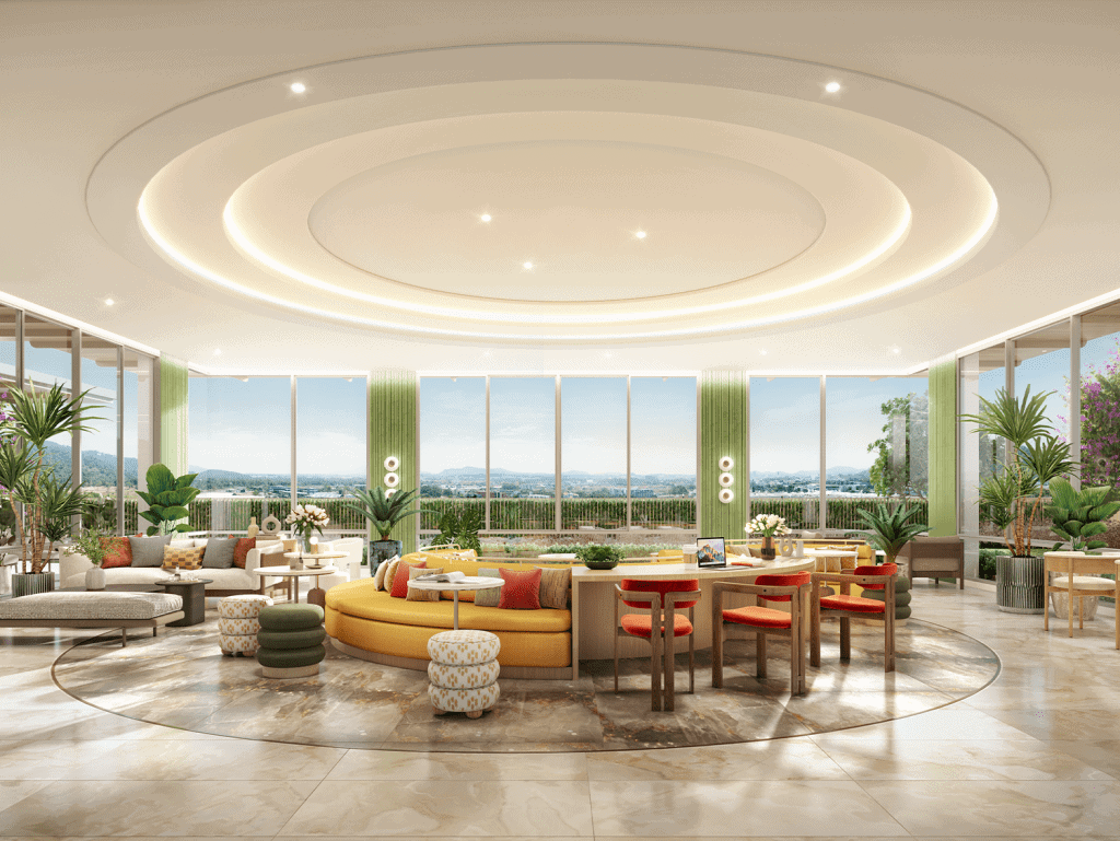 Luxury condo living room in Phuket, Thailand with modern design and panoramic views.