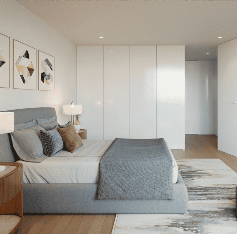 Modern bedroom with minimalist decor in Porto, Portugal.