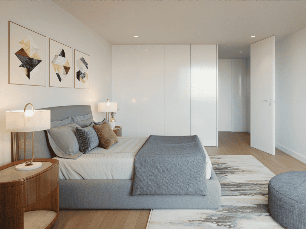 Modern bedroom with minimalist decor in Porto, Portugal.