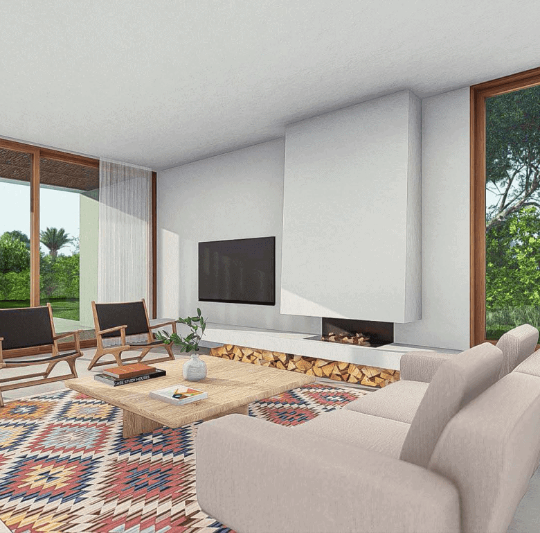 Bright Algarve living room with large windows showcasing lush greenery and natural light. Stylish fu.
