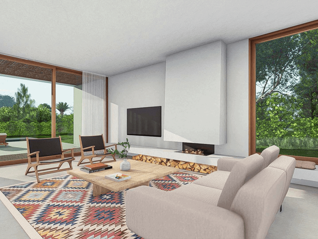 Bright Algarve living room with large windows showcasing lush greenery and natural light. Stylish fu.