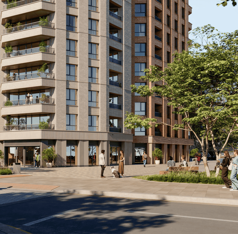 High-rise apartment complex with balconies and retail space at street level.