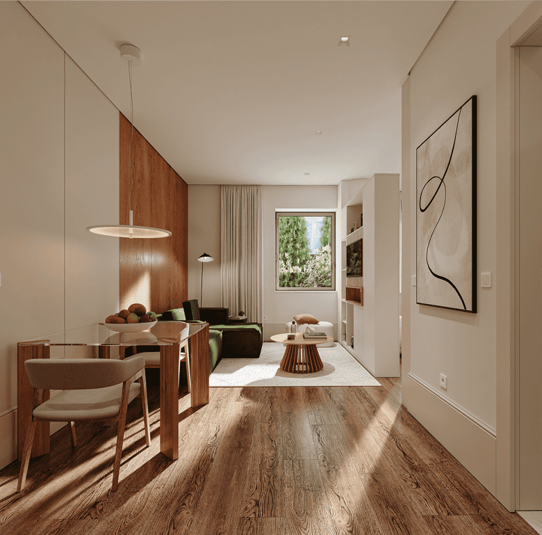 Bright and airy living space with contemporary decor and large window overlooking greenery in Matosi.