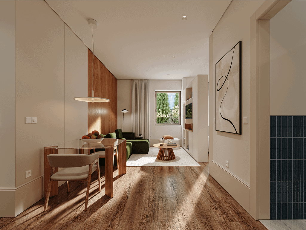 Bright and airy living space with contemporary decor and large window overlooking greenery in Matosi.