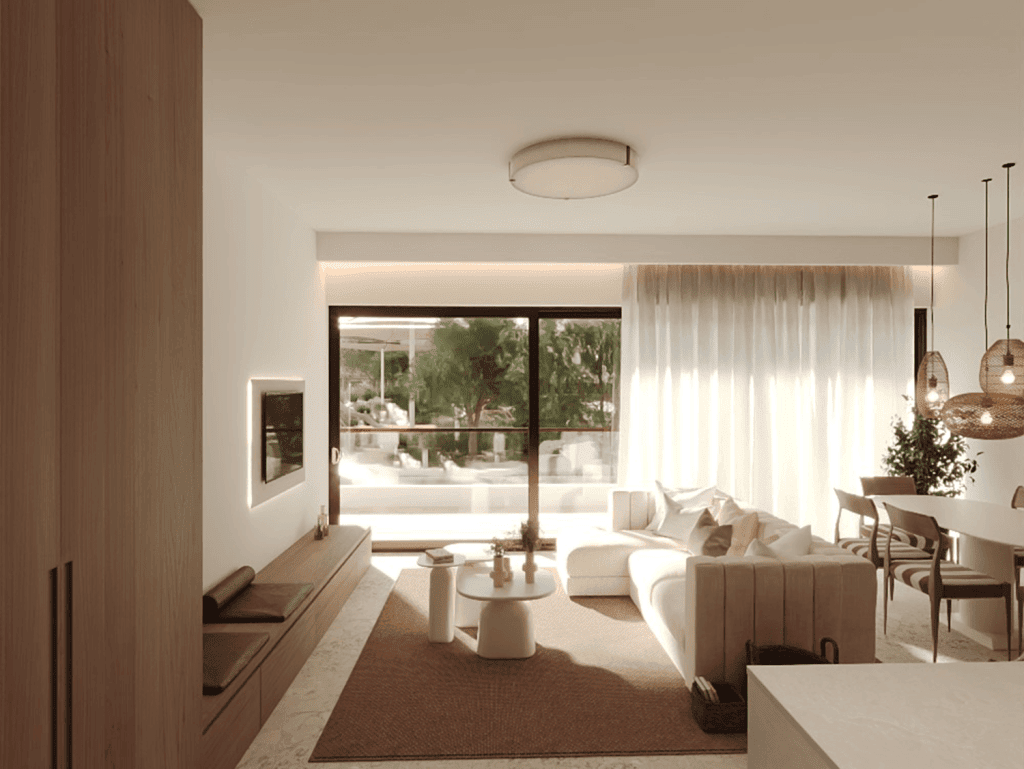 Modern Algarve living room with large window and stylish decor.