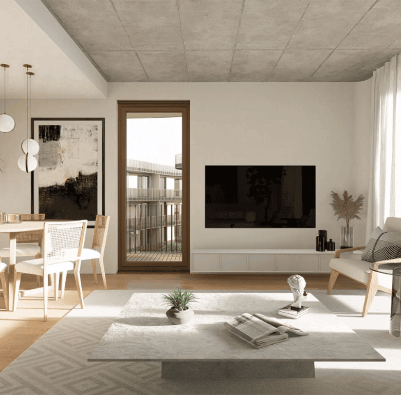 Bright living room in Coimbra, Portugal with modern decor and natural light.