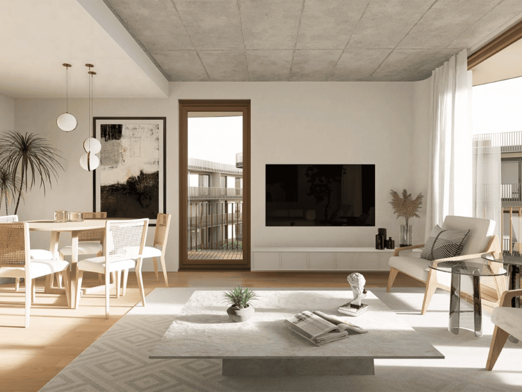 Bright living room in Coimbra, Portugal with modern decor and natural light.