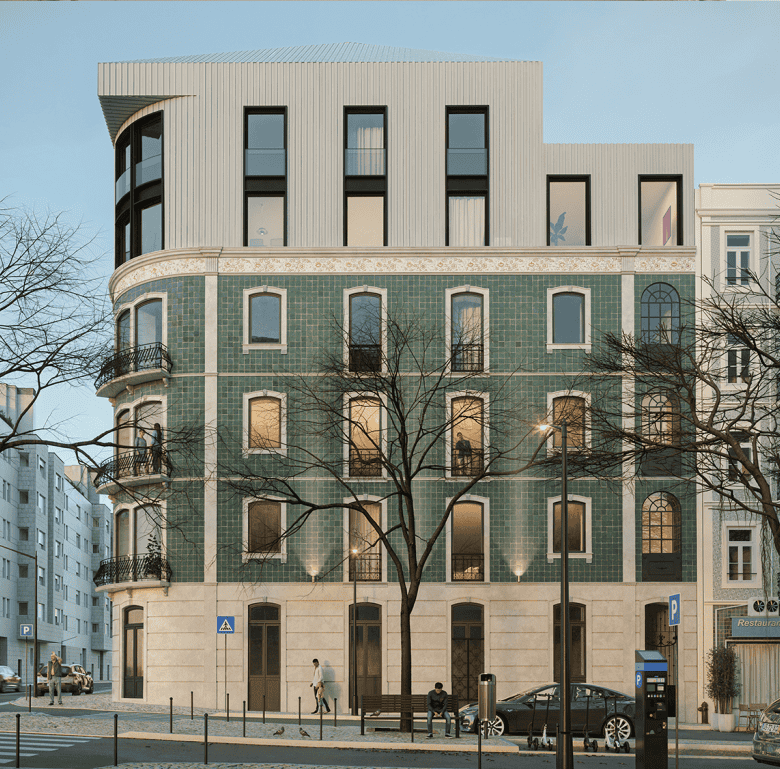 Modern Lisbon apartment building with green facade and curved balconies.