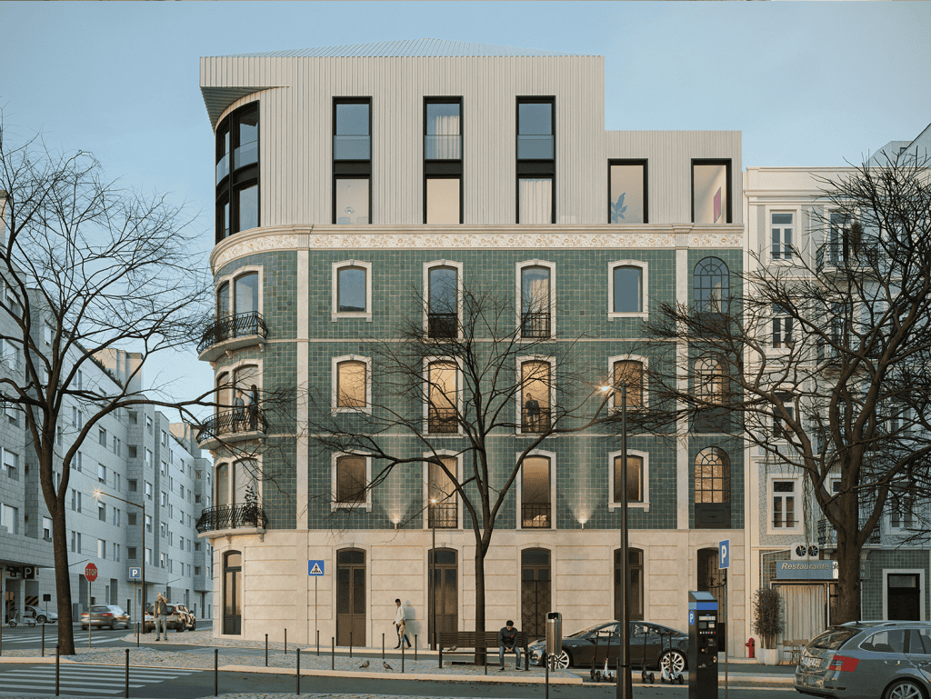 Modern Lisbon apartment building with green facade and curved balconies.