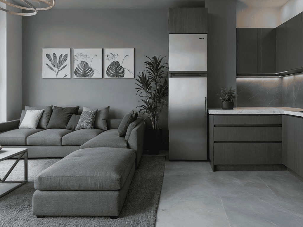 Modern living room with gray sofa and kitchen area in Portside Residences, Athens, Greece.
