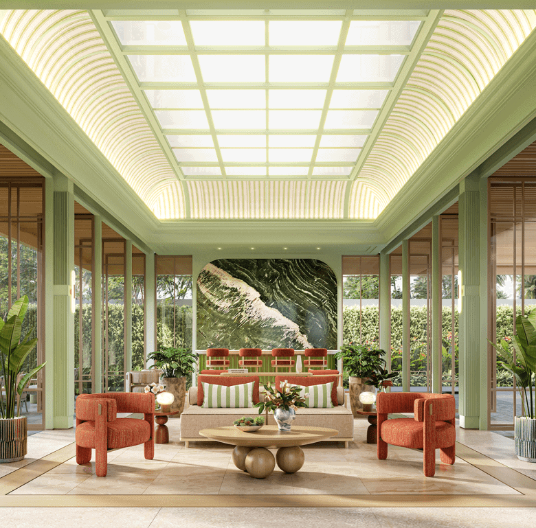 Luxurious Phuket property with spacious living area, large glass windows, and lush outdoor views. Pe.