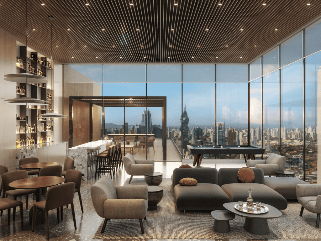 Luxurious modern apartment interior with city views in Panama City, Panama.