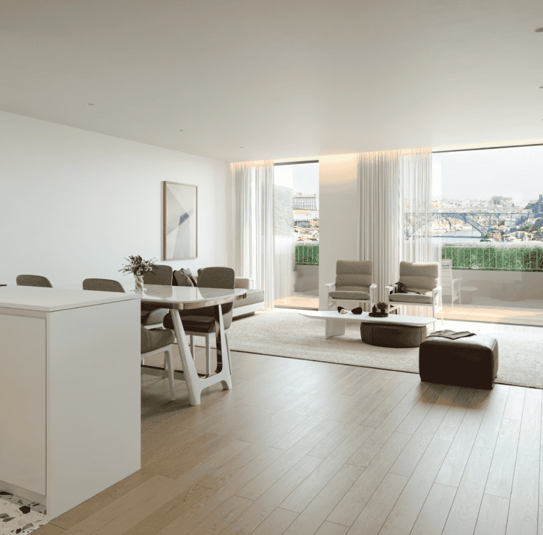 Bright Porto apartment with open-plan living and scenic river views.