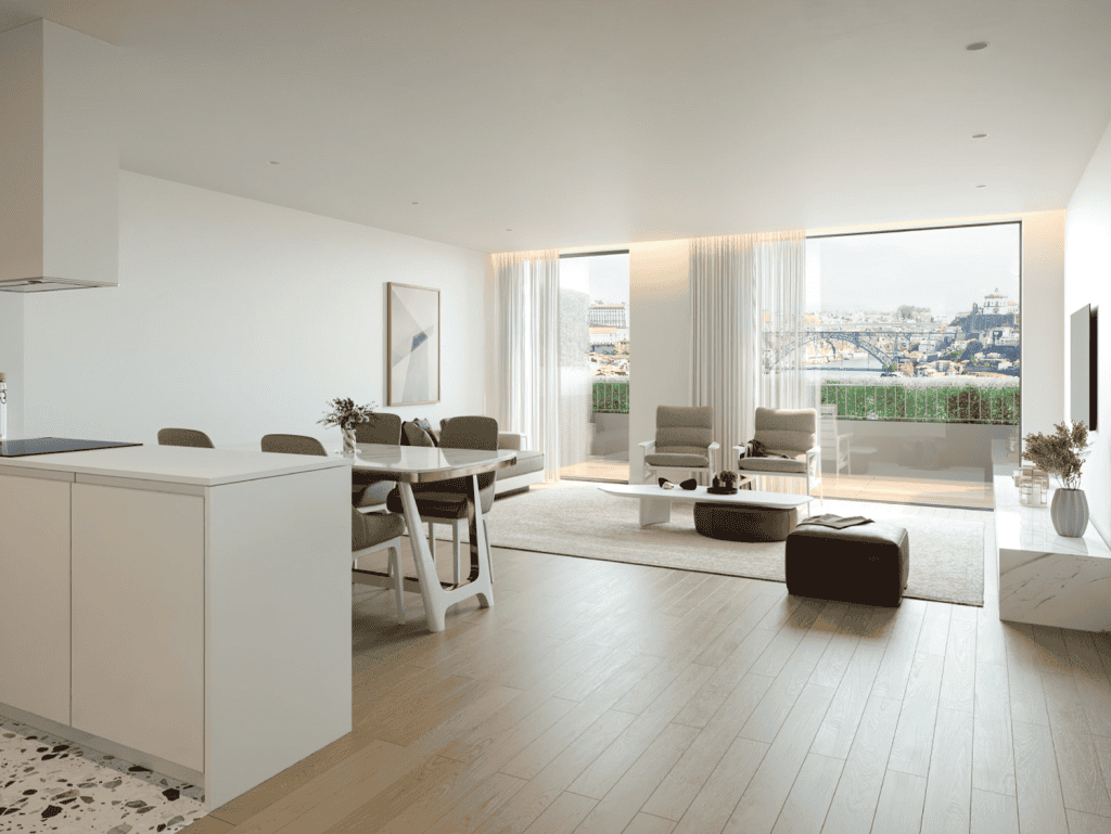 Bright Porto apartment with open-plan living and scenic river views.