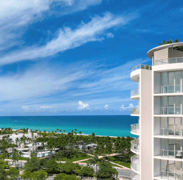 Modern Miami condo with panoramic ocean views and stylish balconies.